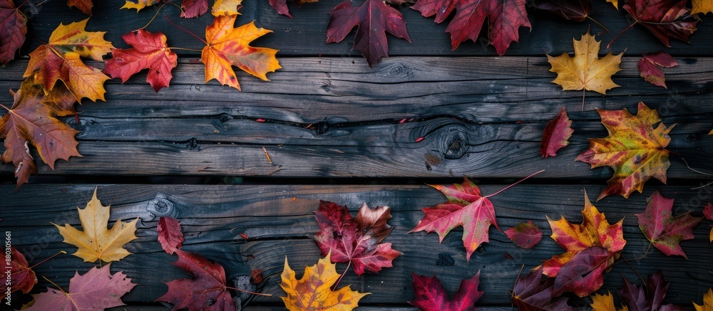 Poster an autumn-themed scene featuring colorful leaves scattered across a vintage wooden table with ample 