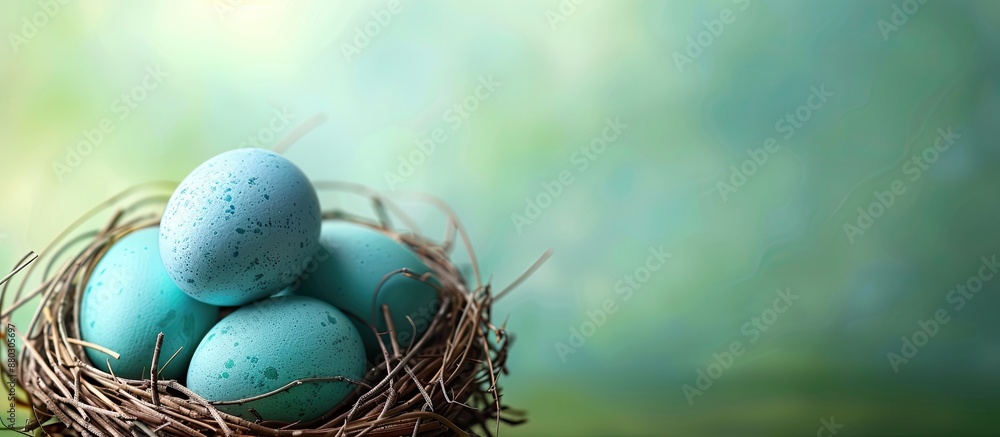 Poster blue easter eggs set in a nest on a pastel green backdrop provide ample copy space image.