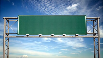 Isolated blank freeway sign on white background with bold black letters awaiting customized text or directions.