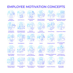 Obraz premium Employee motivation blue gradient concept icons. Different workspaces. Encourage creativity and productivity. Boost creativity. Icon pack. Vector images. Round shape illustrations. Abstract idea