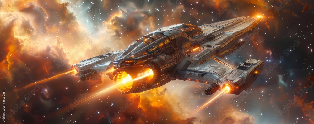 Poster sleek spaceship soaring through nebula with glowing engines and reflecting stars
