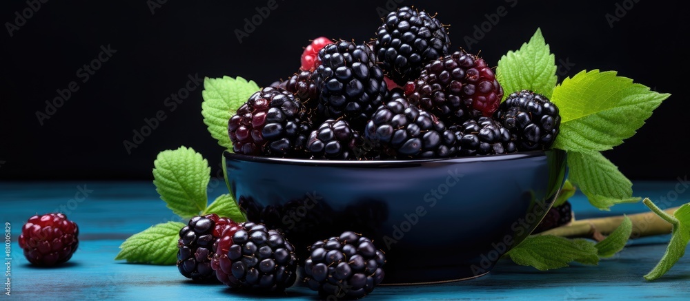 Poster vibrant blue and blackberries displayed on a dark background with copy space image, perfect for vega