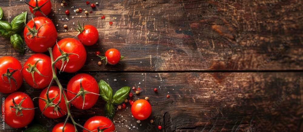 Poster top view of tomatoes on a table with copy space image.