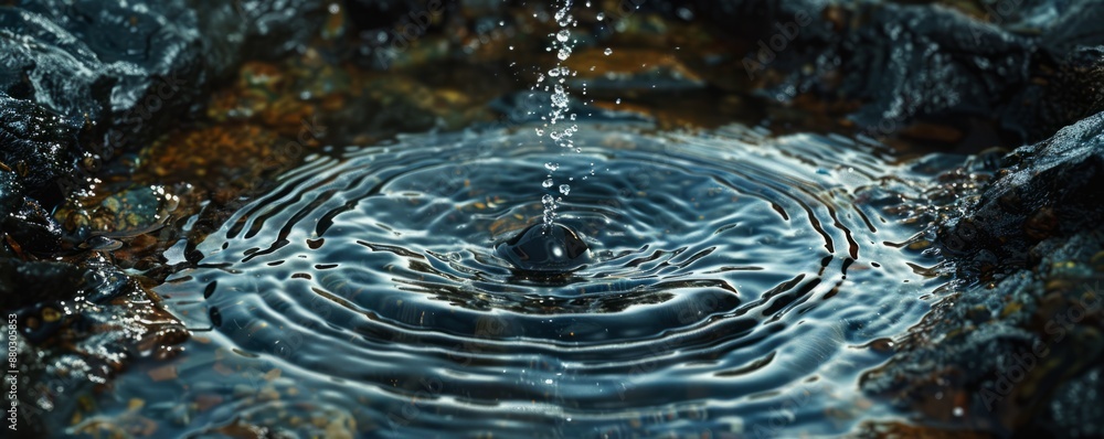 Poster A photorealistic image of a single raindrop splashing into a puddle, creating a ripple effect that spreads outward.