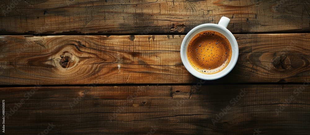 Poster coffee-themed flat lay with espresso cup on wooden surface, featuring lettering and ample space for 