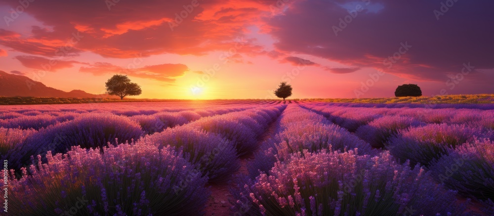 Poster gorgeous lavender field scene set against a summer sunset with a vast copy space image.