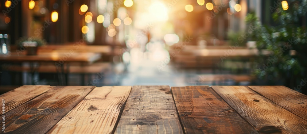 Aufkleber a wooden table set against a blurred cafe backdrop, suitable for showcasing products through a copy 