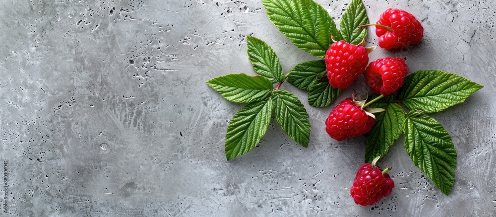 Aufkleber Design mockup featuring a ripe raspberry with green leaves on a concrete background, with space for adding an image.