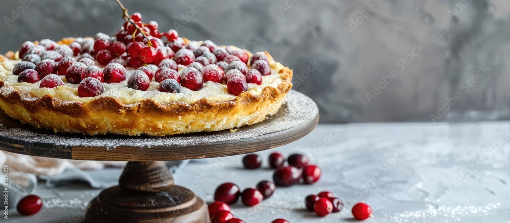 Poster a cottage cheese pie casserole topped with cranberries and spices, dusted in powdered sugar, display