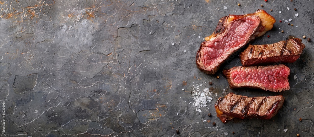 Poster freshly dry-aged club steak displayed on a grey stone background with ample space for text next to i