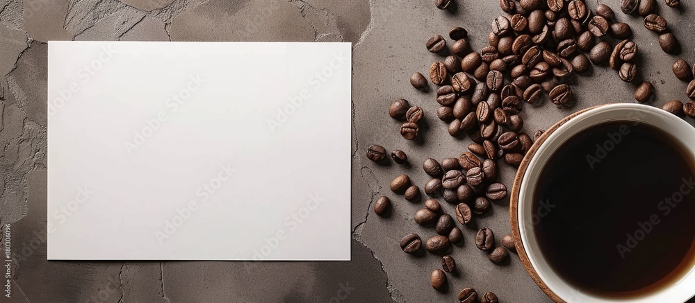Aufkleber an aerial perspective of a blank paper and a container of coffee beans with blank space for text or 