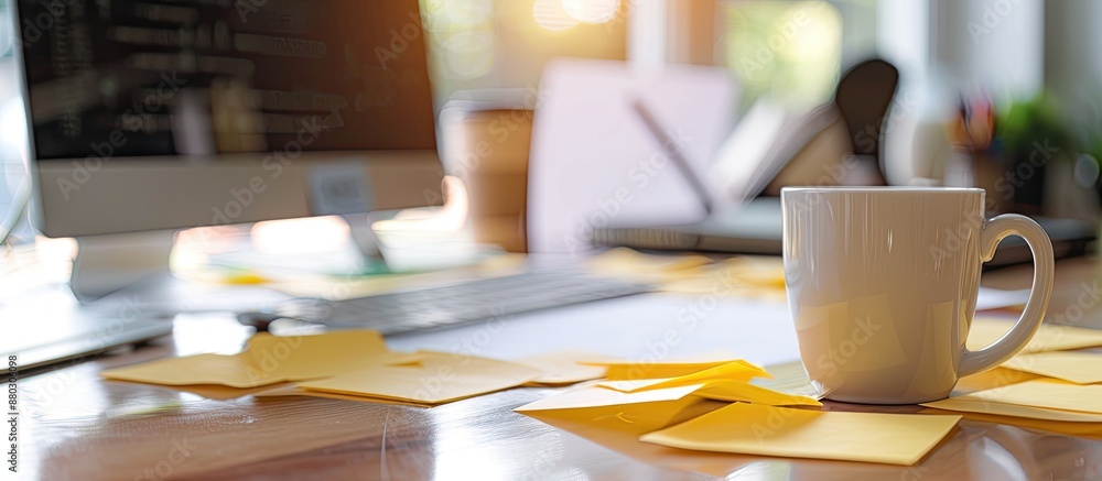 Poster Yellow paper notes with Congratulations on office table with computer, coffee cup. Ample copy space image.