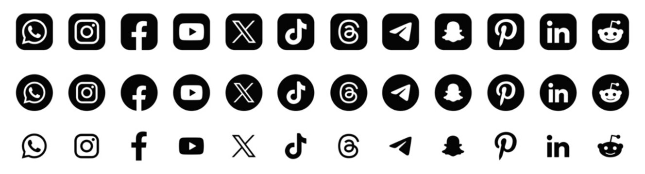 social media apps icon symbol logotype pictogram set: Facebook Twitter x Instagram Tik tok Threads Youtube Linked in Pinterest Whats app Telegram Snap chat. vector illustration