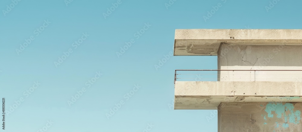 Poster minimalist photo of a building with faded paint against a clear sky, featuring copy and negative spa