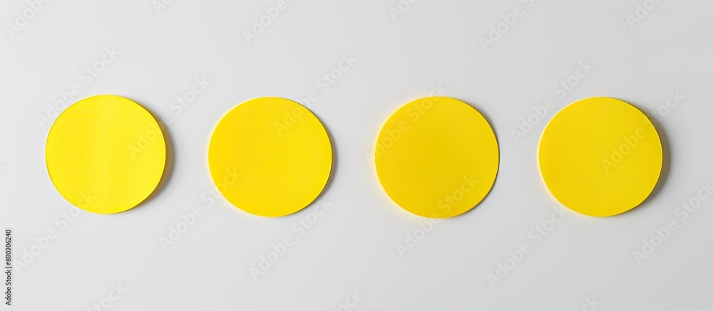 Aufkleber five yellow circular stickers on a white backdrop with copy space image.