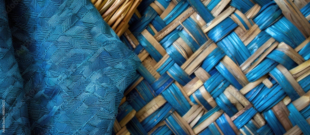 Fototapete Geometric pattern on blue fabric with copy space image on wicker background, creating a soft focus effect.