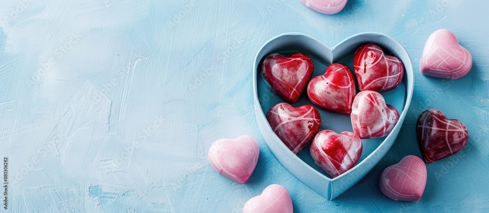 Aufkleber delicious heart-shaped candies in a box on a light blue backdrop with copy space image available.