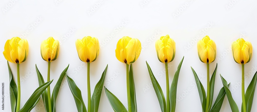 Aufkleber the top-down perspective displays a row of yellow tulips against a white backdrop, illustrating a co