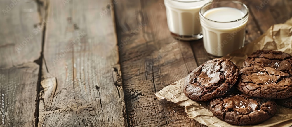 Poster chocolate brownie cookies with glasses of milk adjoin a rustic wood table, creating a cozy scene per