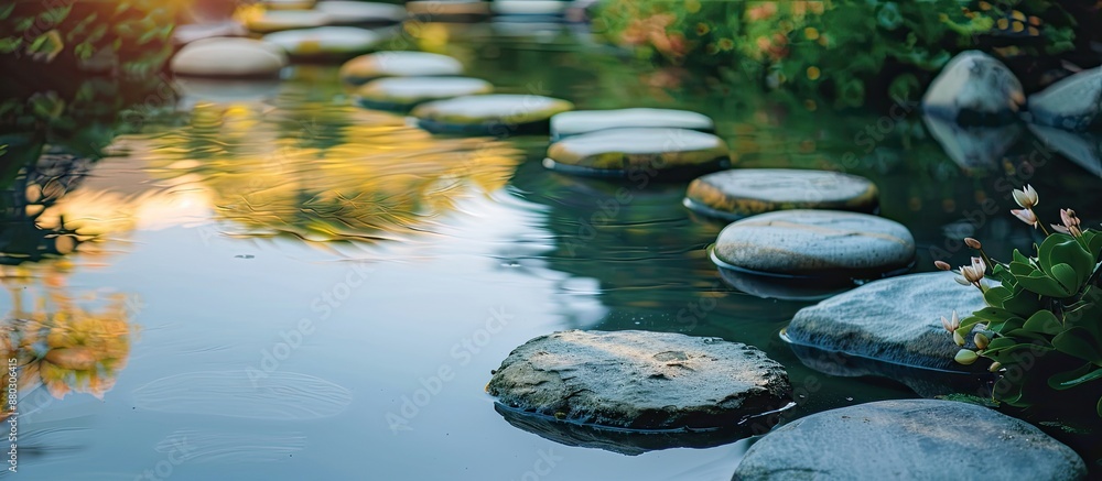 Poster A serene pond displaying smooth stones, with the water's reflection adding to the tranquility of the scenery in the copy space image.