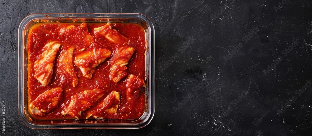 Poster Top view of marinated chicken fillet in red sauce in a transparent tray on an isolated background with copy space image, suitable for fast food or home-cooked meals.