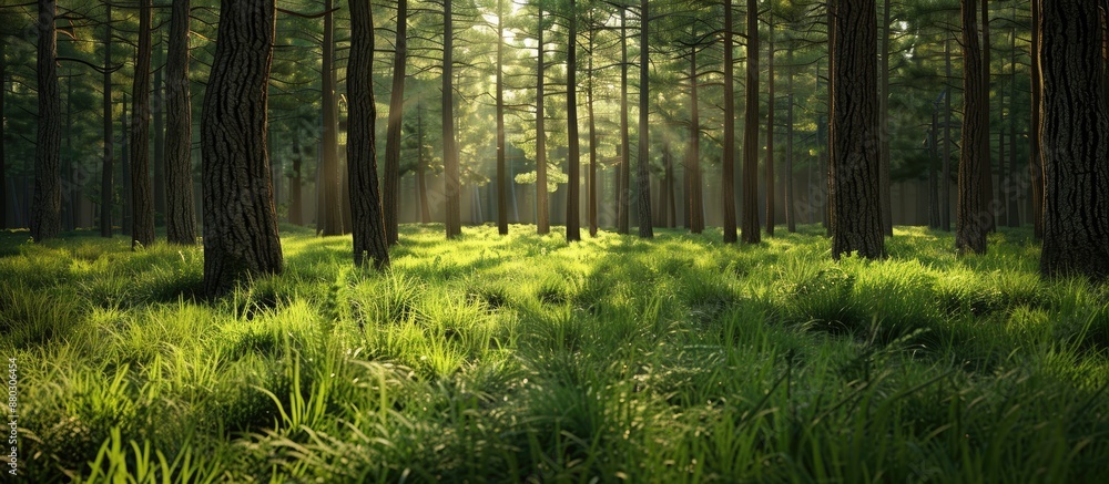 Poster In a serene forest setting, lush green grasses complement the tall pine trees with a backdrop ideal for a copy space image.