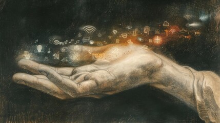 An outstretched hand presenting a vibrant holographic array of digital icons The icons represent various technology and communication symbols such as cloud storage
