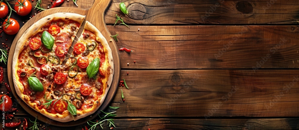 Poster wooden background with a delicious pizza on a board, perfect for placing your text near the copy spa