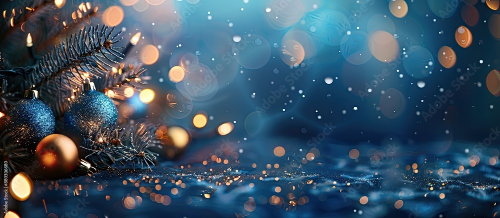 Poster festive blue background with christmas and new year decorations, blurry bokeh effect with space for 