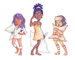 Isolated cartoon characters for pajama party design. School age girls of different nationalities in loungewear with pillows in their hands.