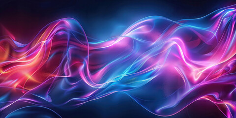 Fototapeta premium Futuristic trendy background with wavy airy texture of silk neon shiny blue purple fabric in the form of a wave on a dark background. Neon wave. Copy space. Banner