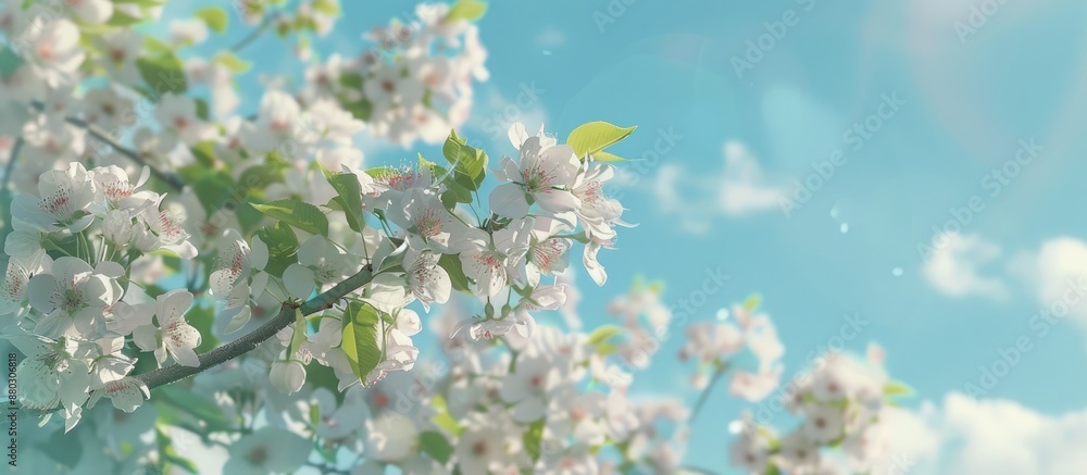 Aufkleber flowering pear trees against a backdrop of a blue sky with a spring ambiance, ideal for a copy space