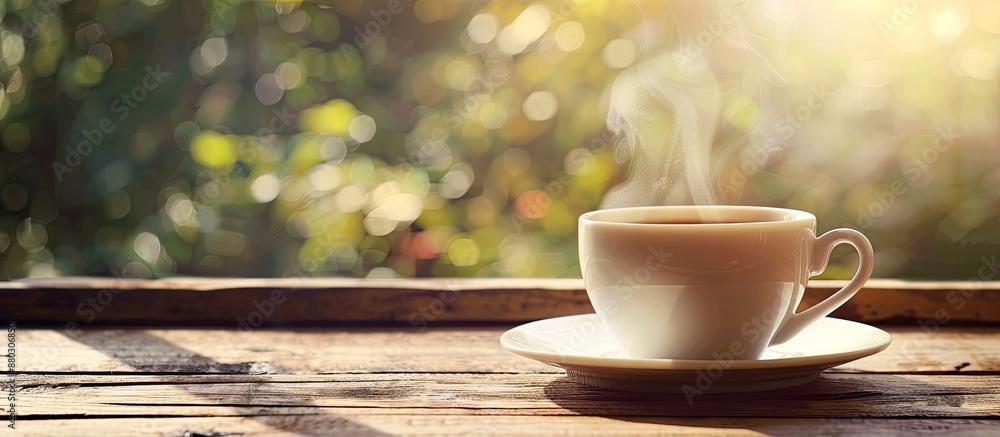 Aufkleber steaming cup of coffee resting on a wooden table with copy space image.