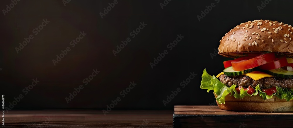 Poster a homemade hamburger topped with lettuce, tomato, cheese, and cucumber displayed on a cutting board 