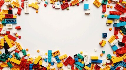 Fototapeta premium White background, white space in the center of picture. A pile of colorful blocks scattered all over the place. The bricks of different shapes and sizes to show diversity