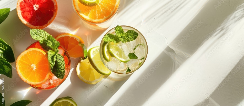 Poster white background with sunlight shadows creates a backdrop for refreshing summer drinks like red oran