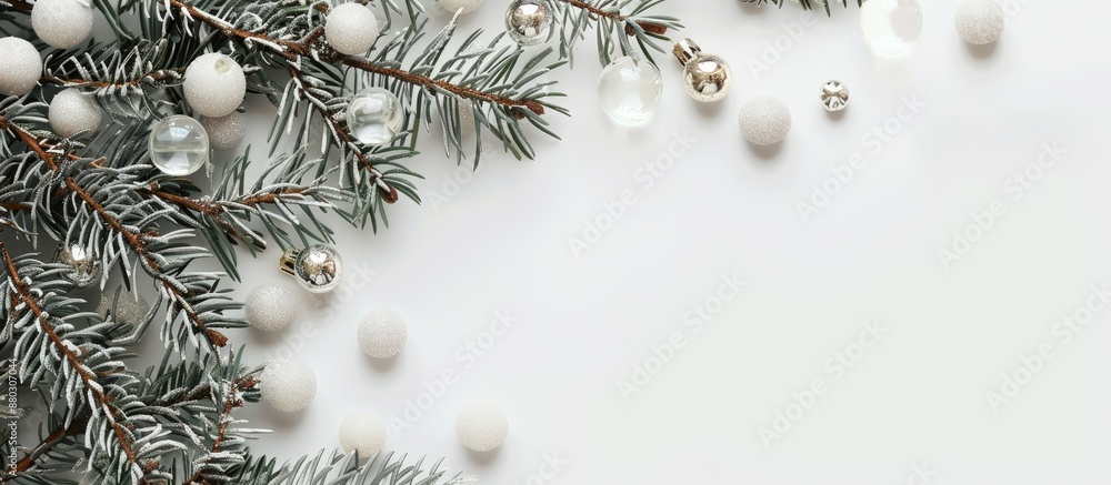 Poster fir branch adorned with glass balls on a white backdrop, suitable for a copy space image.