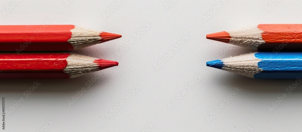Poster two double-sided colored pencils in red and blue hues placed on a white backdrop with ample copy spa