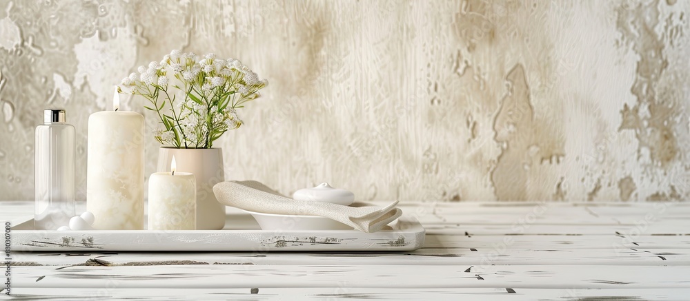 Poster white wooden table displays a tray set up for spa treatment with copy space image.