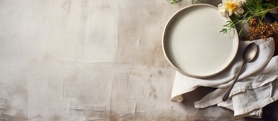 Top view of a kitchen table adorned with empty plates and towels against a stone cooking background, offering ample copy space for images.