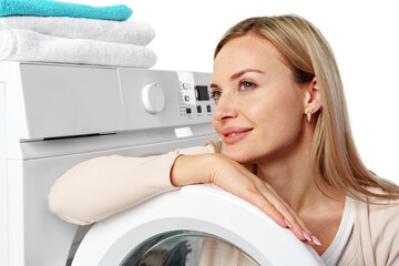 Woman Leaning on Washing Machine Door in a Laundry Room on white background