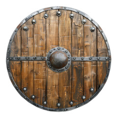 Fototapeta premium Wooden round shield with metal rim and boss cut out isolated on transparent background