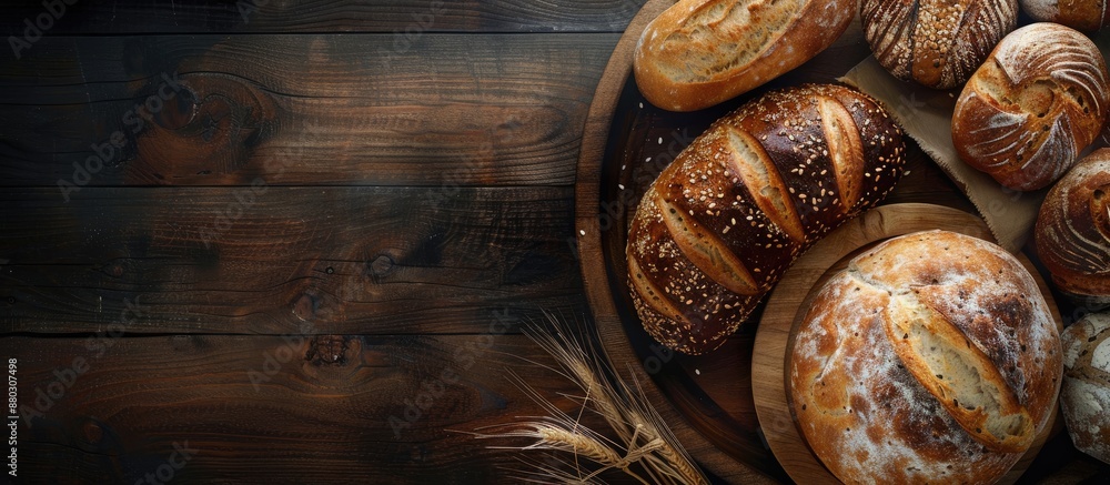 Poster crucial assorted bread from the bakery on a wooden table with copy space image.