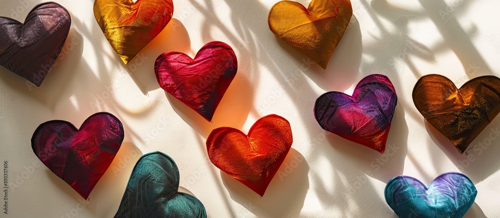 Poster colorful heart shapes crafted from textured velvet paper against a white backdrop with alternating p