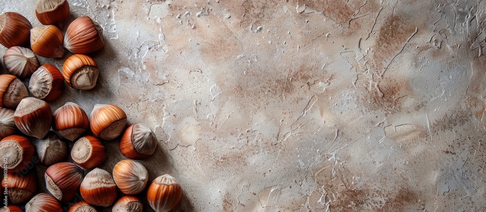 Poster Hazelnuts displayed beautifully with a delicate background in a top view copy space image.