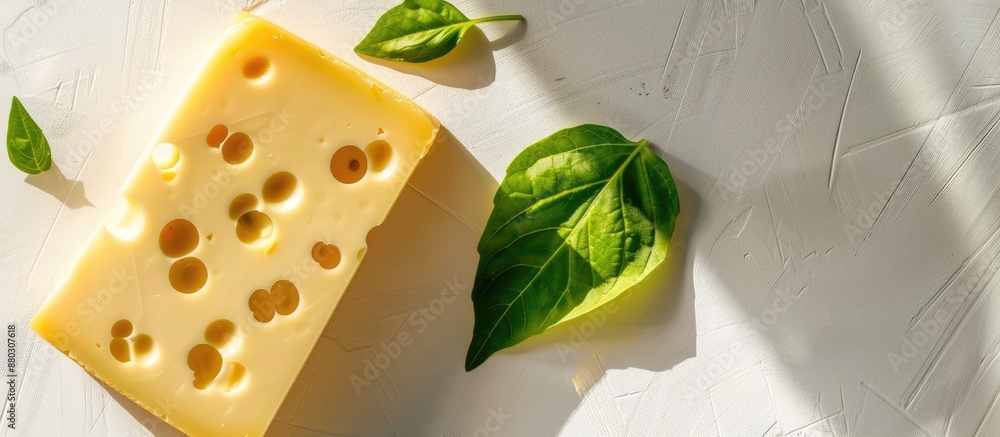 Poster top view of a chunk of maasdam cheese with holes on a white background with harsh shadows, accompani