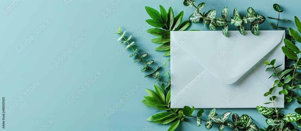 Leinwandbilder spring-themed background featuring a white envelope adorned with green plants on a blue backdrop, wi