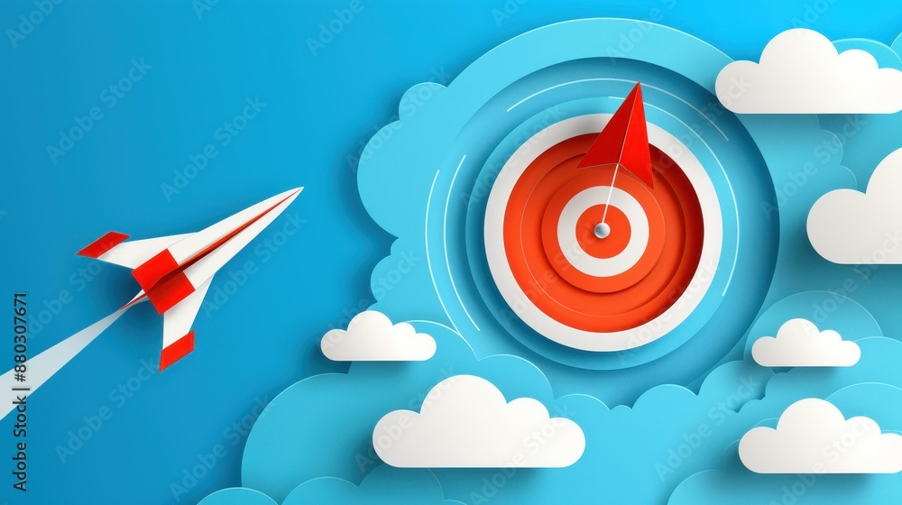 Poster business solution concept with paper planes flying towards abstract target vector on web banner.