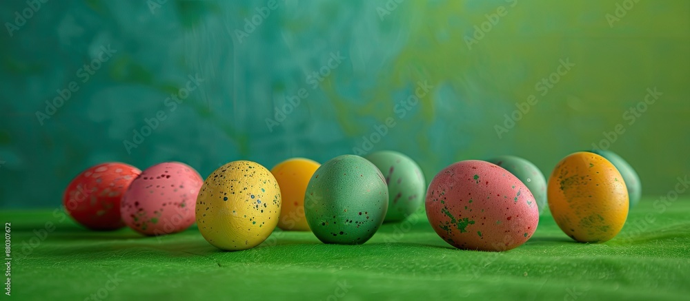 Aufkleber Brightly colored Easter eggs displayed on a vivid green surface with a stark illumination, enhancing the colors and creating a visually appealing copy space image.
