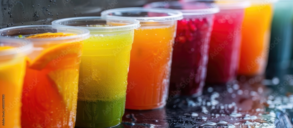 Poster variety of colorful fruit juices in a to-go plastic cup with a copy space image available.